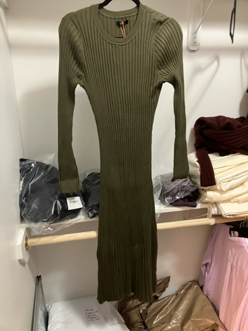 Quince Olive Cotton Cashmere Ribbed Long-Sleeve Crew Midi Dress Large NWT